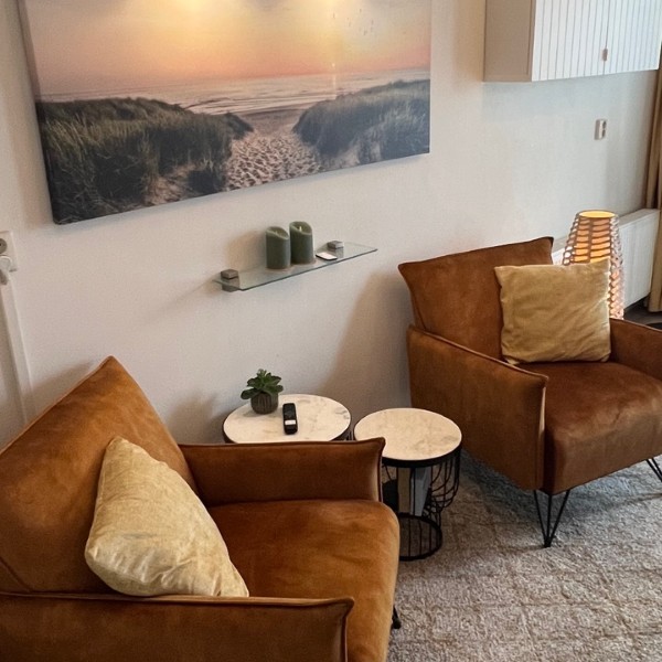 Gezellige zithoek met twee cognackleurige fauteuils en schilderij van Texelse duinen bij zonsondergang