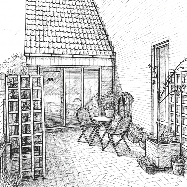 Pentekening van het terras van B&B Thuis op Texel met bistrosetje, bloembakken en pannendak
