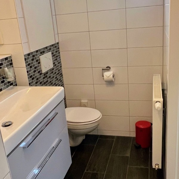 Moderne badkamer met wastafelmeubel, hangtoilet en donkere vloertegels